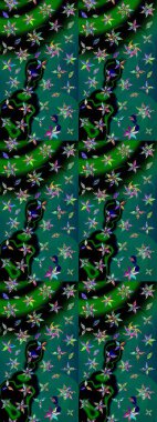 Çiçeksel çizim kalıbının yansıması. Vadinin çiçekleri yeşil ve siyah renklerde.