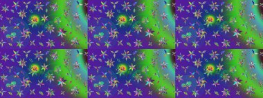 Raster illüstrasyonu. Çiçek süslemeli çizim deseni. Yeşil ve mavi renkte çiçekler.