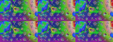 Çiçek duvar kâğıdı. Çiçek arkaplan. Yeşil ve mavi renkli şirin tekstil tarzında. Renkli çizim kalıbı. Raster illüstrasyonu.