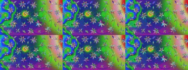 Yeşil ve mavi renkler üzerine çiçek desenli eskiz, el yapımı papatyalar, papatyalar. Tekrarlayan çiçek arkaplanı, zarif yeşil ve mavi çiçekler duvar kağıdı.