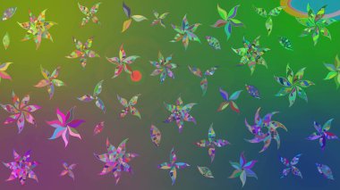 Renkli Yaz Temalı eskiz kalıbı. Sevimli çiçek raster deseni. Yeşil ve mavi renkte çiçekler. Düz Çiçek Elementleri Tasarımı.