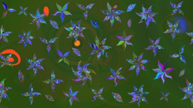 Yeşil ve mavi renkli bitkilerden oluşan parlak çiçekli çizim deseni.