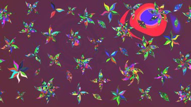 Nakış desenli çiçek deseni. Renkli grunge, soyut arkaplanı kolonya ve mor çiçeklerle süslüyor. İzler, kumaş, duvar kağıtları, tekstil için raster dokusu.