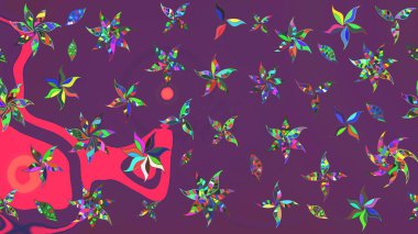 Mor ve pembe renkli çok renkli ve pembe zarif çiçekler ve komik böcekler, raster desen, illüstrasyon.