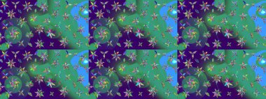 Küçük mavi ve yeşil renkte güzel bir besin torbası deseni, çiçekler. Millefleur 'lar. Tekstil, kumaş, kapaklar, duvar kağıtları, baskı, paket, koleksiyon defteri, örgü, dekupaj için çiçek arkaplanı..