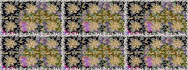 Davetiyeler, kartlar, web sayfası için Raster illüstrasyon. Gri renklerdeki altın element. Çizgi sanatı tasarım şablonu için kusursuz sınır. Altın desenli çiçek dekoru. Doğu tarzı ögesi.