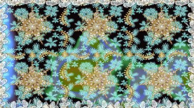 Tarafsız ve altın elementli mavi renklerde altın desen. Süslü raster dekorasyonu. Barok tarzında duvar kağıdı tasarımı için kusursuz damaske deseni arkaplanı.