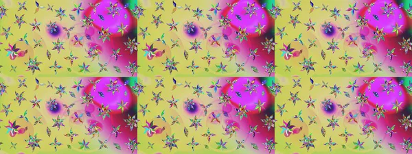 Çiçekli yaz çiçekleri. Küçük çiçekte güzel bir desen. Küçük renkli çiçekler. Moda baskıları için zarif bir şablon. Motley illüstrasyonu. Çizim.