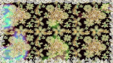 Kusursuz raster arka plan. Altın elementler siyah ve nötr renklerde. Çiçek deseni. Şık bir grafik desen. Duvar kâğıdı barok, İspanyol kumaşı.