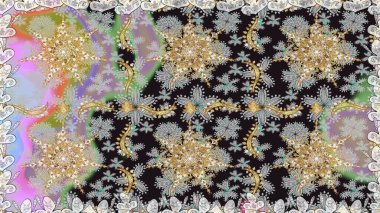 Gri ve nötr renklerdeki altın desenli altın elementler. Süslü dekorasyon. Lüks, kraliyet ve Viktorya dönemi konsepti. Raster klasik barok çiçeksiz altın desenli..