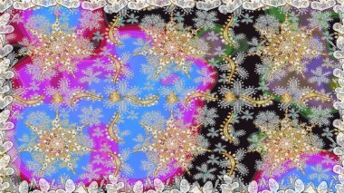 El yapımı dekoratif çerçeve, albüm kapağı, tebrik kartı, klasik Art deco tarzı. Altın karalama fantezi yapraklarından Raster soyut çiçek çelengi ve gri ve nötr renklerde çiçek..