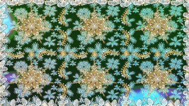 Çiçek süsü kumaş deseni, cam, çiçek desenli altın elementli mavi ve nötr renklerde metal. Klasik raster altın pürüzsüz desen.