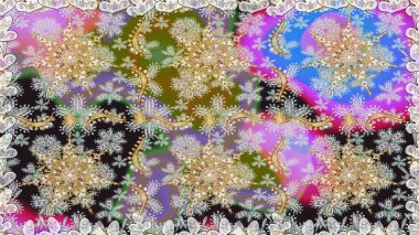 Altın karalama fantezi yapraklarından Raster soyut çiçek çelengi ve gri ve nötr renklerde çiçek. El yapımı dekoratif çerçeve, albüm kapağı, tebrik kartı, klasik Art deco tarzı.