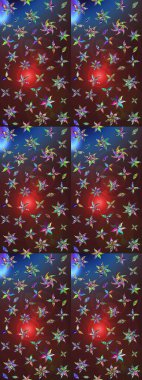 Raster illüstrasyonu. Asya tekstil tarzında. Düz Çiçek Elementleri Tasarımı. Çiçek desenli çizim. Renkli Bahar Teması eskiz kalıbı. Kahverengi ve mor renkte çiçekler.