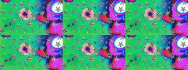 Raster illüstrasyonundaki çiçek desenli çizim. Yeşil ve mavi renkte çiçekler. Renkli Bahar Teması eskiz kalıbı. Düz Çiçek Elementleri Tasarımı.