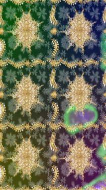 Yeşil renkler ve altın elementler üzerine eskiz modeli. Noel, kar tanesi, yeni yıl 2019.