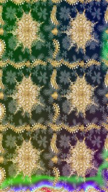 Kına dövmeli süs çiçekleri, altın çıkartmalar, mehndi ve yoga tasarımı, kartlar ve parmak izleri. Raster golden mehndi. Yeşil renkte desen.