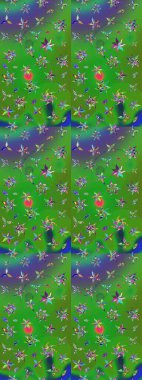 Modern, yeşil ve mavi raster arka plan duvar kağıdı çizimi, klasik çizgili desenli desenli çiçekler, çiçekli süsler. Çiçekli el çizimi çizimi deseni.