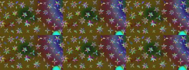 Tekrarlayan çiçek arkaplanı, zarif yeşil ve kahverengi çiçek duvar kağıdı. Yeşil ve kahverengi renkler üzerine çiçek desenli çizimler, el yapımı papatyalar, papatyalar..