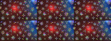 Suluboya elle çizilmiş çiçek desenli eskiz deseni. Parlak renkli fantezi çiçekleri, yapraklar, kahverengi ve mor renkli tomurcuklar kahverengi ve mor.