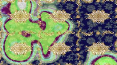 Altın desenli bukleler çiz. Doğu tarzı arabesk. Raster sanatı. Yeşil renkler ve altın elementler üzerine çizim. Parlak dantel, stilize çiçekler, şal desenli. Zarif altın deseni aç