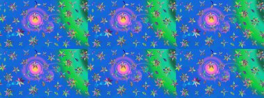 Çiçeksel fantezi tasarımı ve parlak bir arka plan çizimi. Renkli Bahar Teması eskiz kalıbı. Düz Çiçek Elementleri Tasarımı.