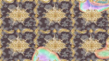 Süslü dekorasyon. Raster illüstrasyonu. Damask altın soyut çiçek deseni kahverengi renkler üzerine çizim.