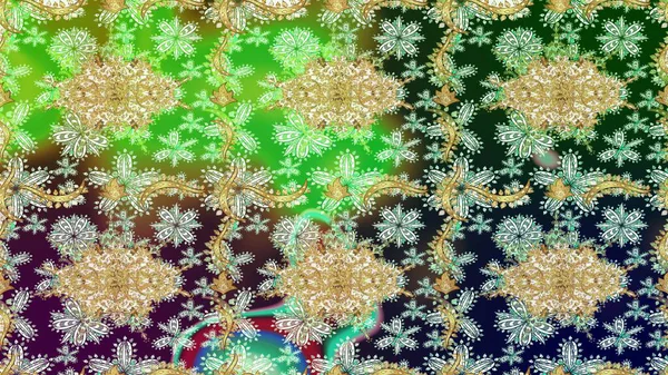 Yeşil renklerdeki altın element. Barok tarzında altın çiçek süsü. Damask çizim kalıbı arka planı tekrarlıyor. Antika altın tekrarlanabilir duvar kağıdı.