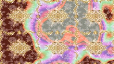 Şık bir grafik desen. Duvar kâğıdı barok, İspanyol kumaşı. Skeç raster arka planı. Tarafsız renklerde altın elementler. Çiçek deseni.