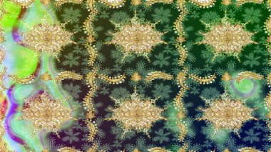 Tasarım için Damask çizim kalıbı. Yeşil renkler ve altın elementler üzerine Raster çizim deseni.