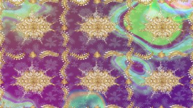 Düz elle çizilmiş klasik koleksiyon. Raster Golden eskiz kalıbı. Arkaplan, kumaş, altın duvar kağıdı. Mor renklerde altın desenli altın elementler.