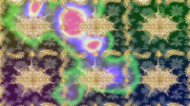 Klasik çiçek dokusu. Kart, duvar kağıdı, ambalaj ve tekstil için klasik tasarım. Raster illüstrasyonu. Altın şablon. Yeşil renkte Royal retro. Çizim kalıbı altın elementler.