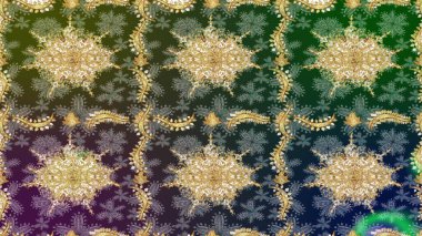 Kraliyet lüksü, altın barok kumaş rengi eskiz. Raster eskiz deseni altın antika ortaçağ dekoratifi, yapraklar ve yeşil renkli altın desenli süslemeler..