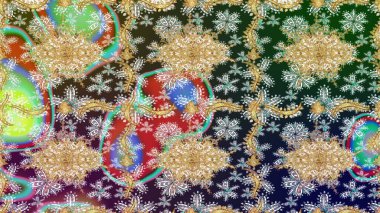 Tarafsız renkler ve altın elementler. Raster altın çiçek süsü brokar kumaş ve cam desenli. Altın şablonu çiz. Çiçek desenli altın metal..