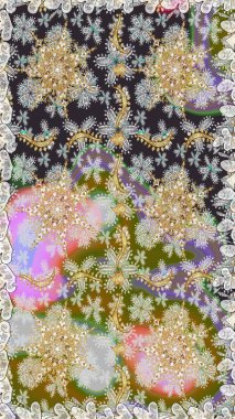 Raster illüstrasyonu. Klasik çiçek dokusu. Altın şablon. Gri renkli Royal retro. Kusursuz desenli altın elementler. Kart, duvar kağıdı, ambalaj, tekstil için klasik tasarım.