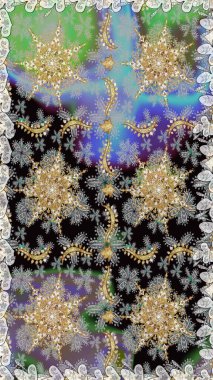 Damask arkaplanı. Gri renklerdeki altın element. Altın çiçekli, pürüzsüz desen. Barok tarzında altın çiçekli süs..