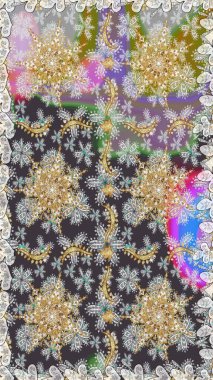 Raster altın tekstil baskısı. Gri renkli ve altın elementli altın desenli. İslam tasarımı. Çiçek kiremitleri. Kusursuz desenli oryantal süs.