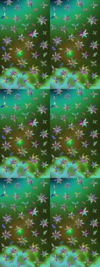 Çiçekli ipek eşarp. El çizimi çiçek unsurları olan soyut çizim raster deseni. 1950-1960 motifleri. Retro tekstil tasarım koleksiyonu. Yeşil ve mavi, yeşil ve mavi.