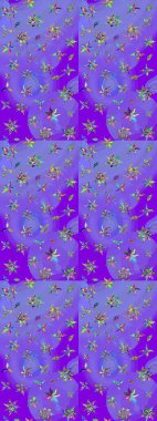 Mor ve yeşil renklerde çiçeklerle birlikte çiçek deseni çiz. Mor renkte çiçekler ve suluboya stilinde yeşil renkler.