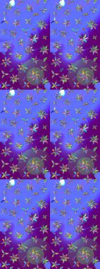 Mor ve mor renkli küçük çiçekler menekşe ve mor renkli komik böcekler, raster desen, illüstrasyon.