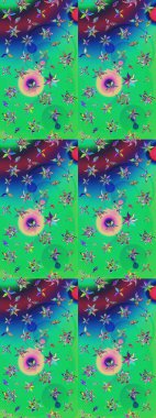 Raster düz çiçek çizim deseni. Hediye ambalaj kağıdı, tebrik kartları, posterler ve pankart tasarımı. Yeşil ve mavi renkte çiçekler.