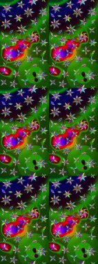 Patlayan çiçekler soyut olarak yerleştirilmiş. Raster deseni. Yumuşak, bahar çiçekleri yeşil ve siyah renklerde. Raster illüstrasyonu.