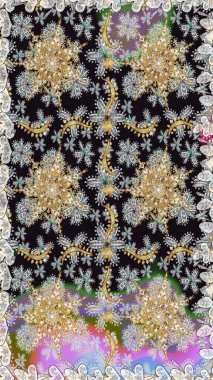 Kusursuz raster arka plan. Çiçek deseni. Duvar kâğıdı barok, İspanyol kumaşı. Gri ve nötr renklerde altın elementler. Şekil grafik deseni.