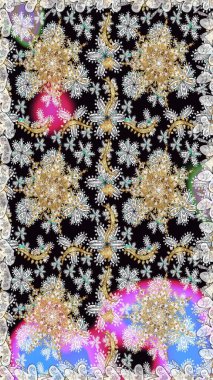 Kına dövmeli süs çiçekleri, altın çıkartmalar, mehndi ve yoga tasarımı, kartlar ve parmak izleri. Siyah ve gri renkte desen. Raster altın mehndi kusursuz desen.