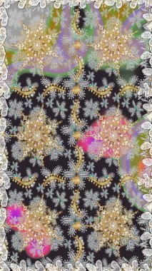 Altın karalama fantezi yapraklarından Raster soyut çiçek çelengi ve gri ve nötr renklerde çiçek. El yapımı dekoratif çerçeve, albüm kapağı, tebrik kartı, klasik Art deco tarzı.