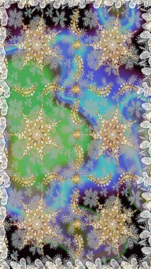 Hassas altın deseni açın. Raster. Parlak dantel, stilize çiçekler, şal desenli. Gri renklerde, altın elementlerle kusursuz desen. Kusursuz altın desenli bukleler. Doğu tarzı arabesk.