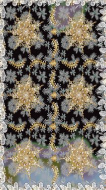 Gri ve siyah renklerde altın çiçekli altın desenler. Senin tasarımın için, duvar kağıdı. Altın rengi, kusursuz çizim. Raster geometrik arkaplanı.