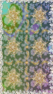 Raster oryantal süs. Kusursuz altın desen. Gri ve yeşil renklerde altın elementlerle kusursuz desen.