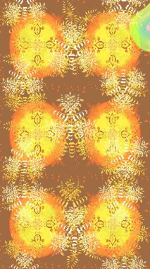 Raster Çiçek İllüstrasyonu güzel tekstil. Sarı ve kahverengi renkli etnik çiçeklerle zarif bir eskiz..