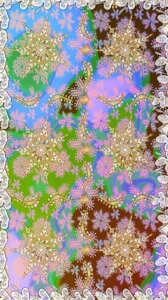 Barok tarzında altın çiçekli süs. Damask pürüzsüz yineleme kalıbı. Antika altın tekrarlanabilir duvar kağıdı. Tarafsız ve bej renklerde altın element.